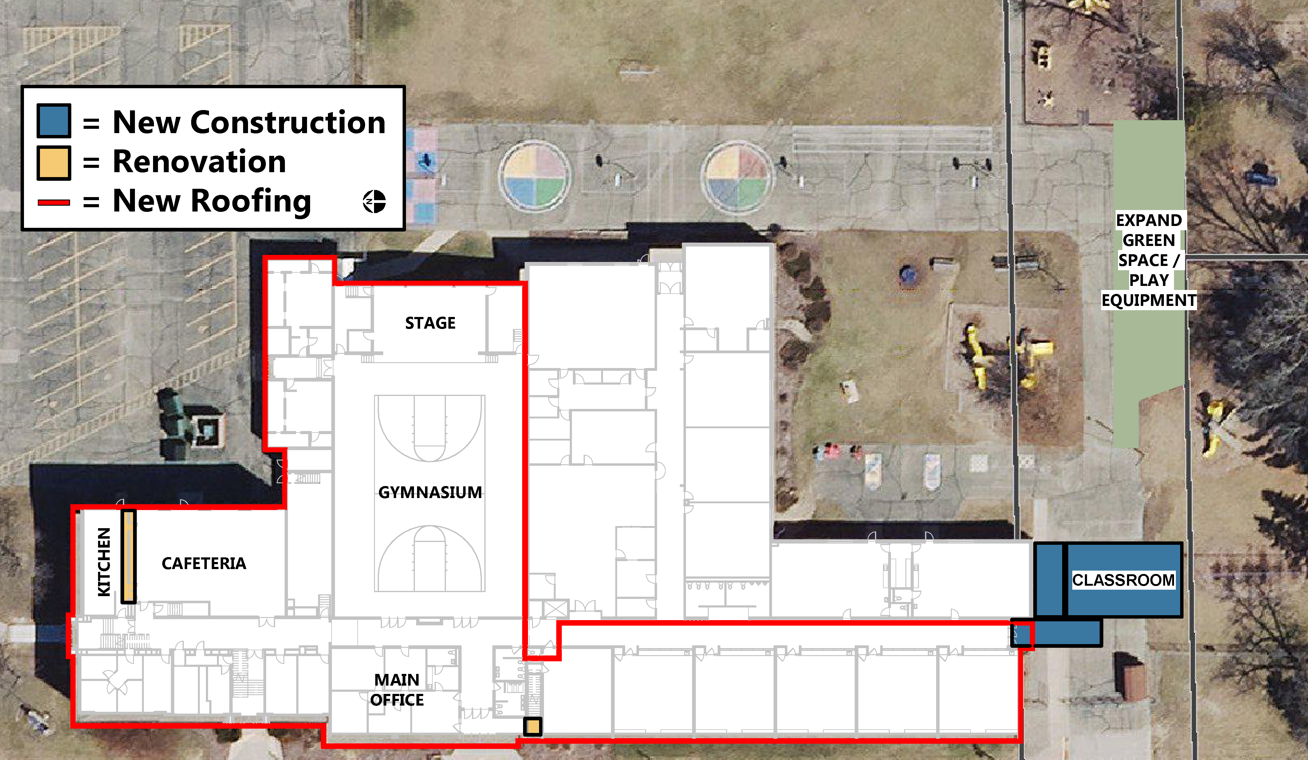 Preliminary plans for elementary school. Shows new roofing on building previous to 1996 addition, front of the elementary including cafeteria, gymnasium and stage. Addition of classroom at the south doorway off of the southeast classroom.