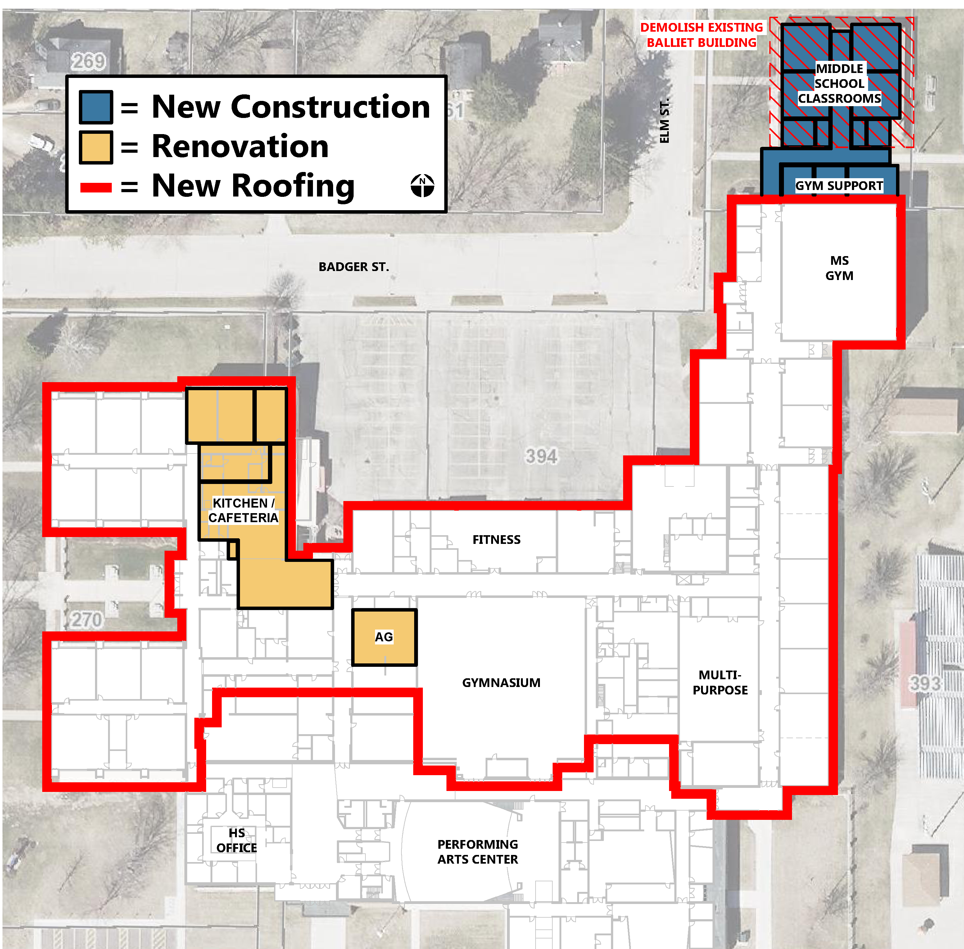 Preliminary plans for middle and high school. Shows new roofing on building previous to 2019 addition including most of the northern side of the building. Kitchen/Cafeteria renovation including the 3 classrooms to the north of existing. Agriscience renovation in existing rooms. Middle school classrooms and gym support addition to the north end of the building and demolition of existing Balliet building.